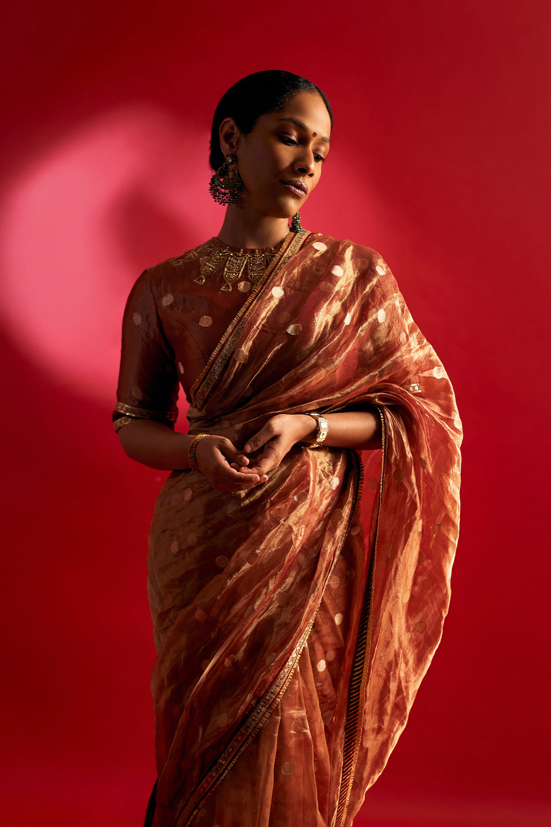 Red Polka Tissue Saree