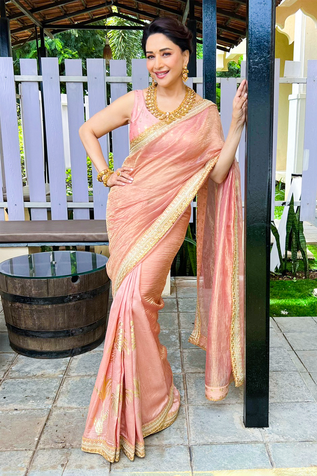 Peach Palm Blooms Tissue Saree