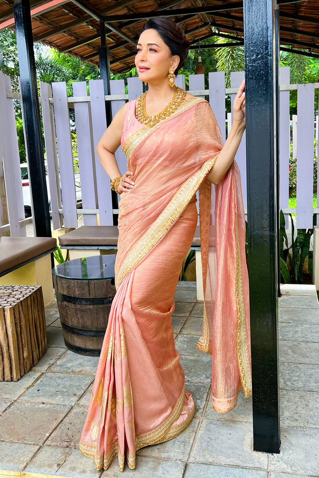 Peach Palm Blooms Tissue Saree