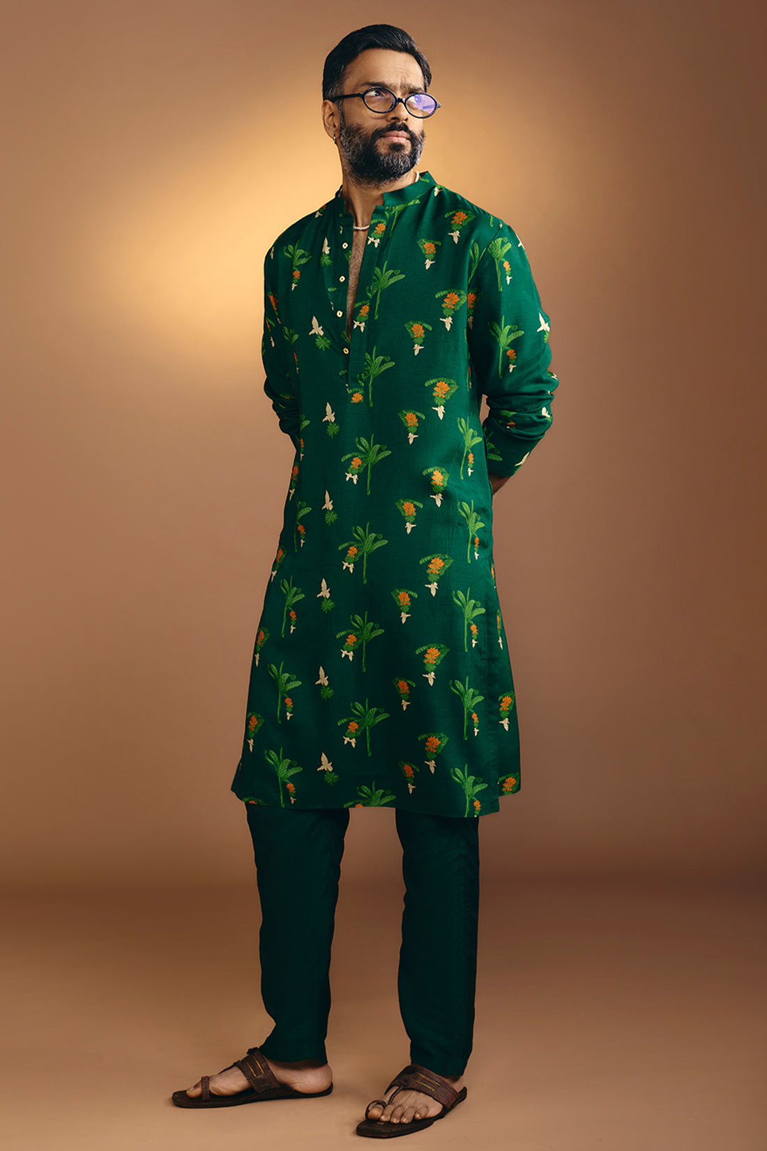 Bottle Green Tropical Kurta Set