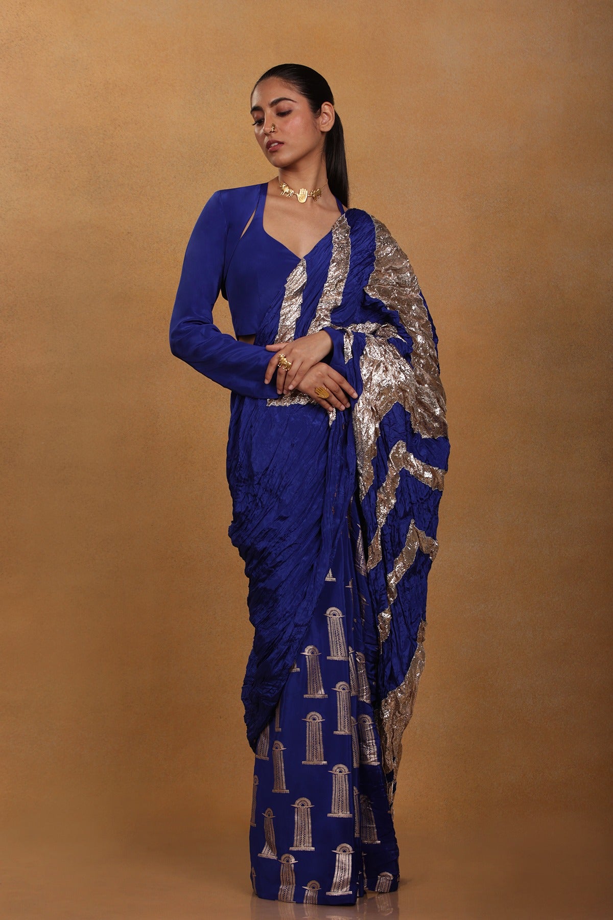 Blue Crinkle Gota Sari