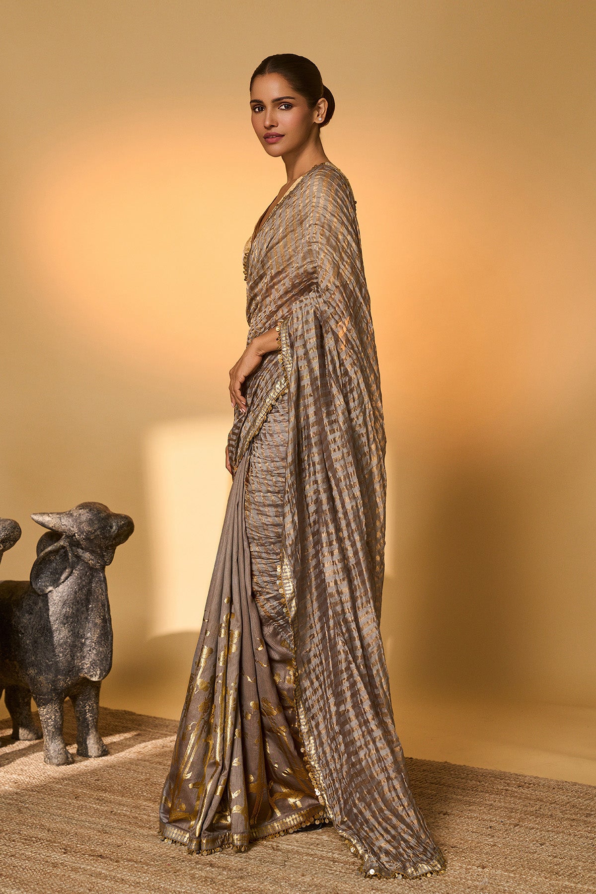 Grey Moonfield Zari Stripes Saree