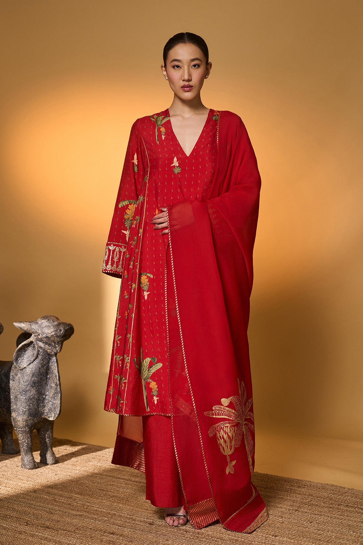 Red Tropical Anarkali Set