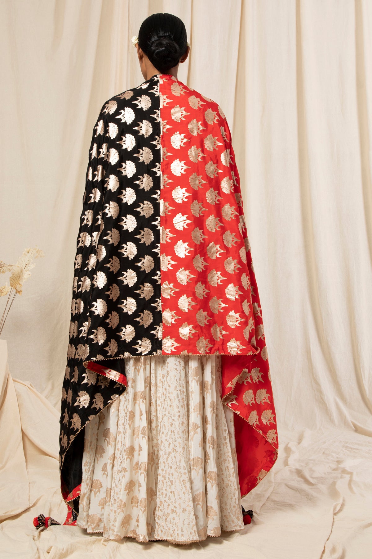 Red & Black Rose Gold Floral Spring Half & Half Dupatta