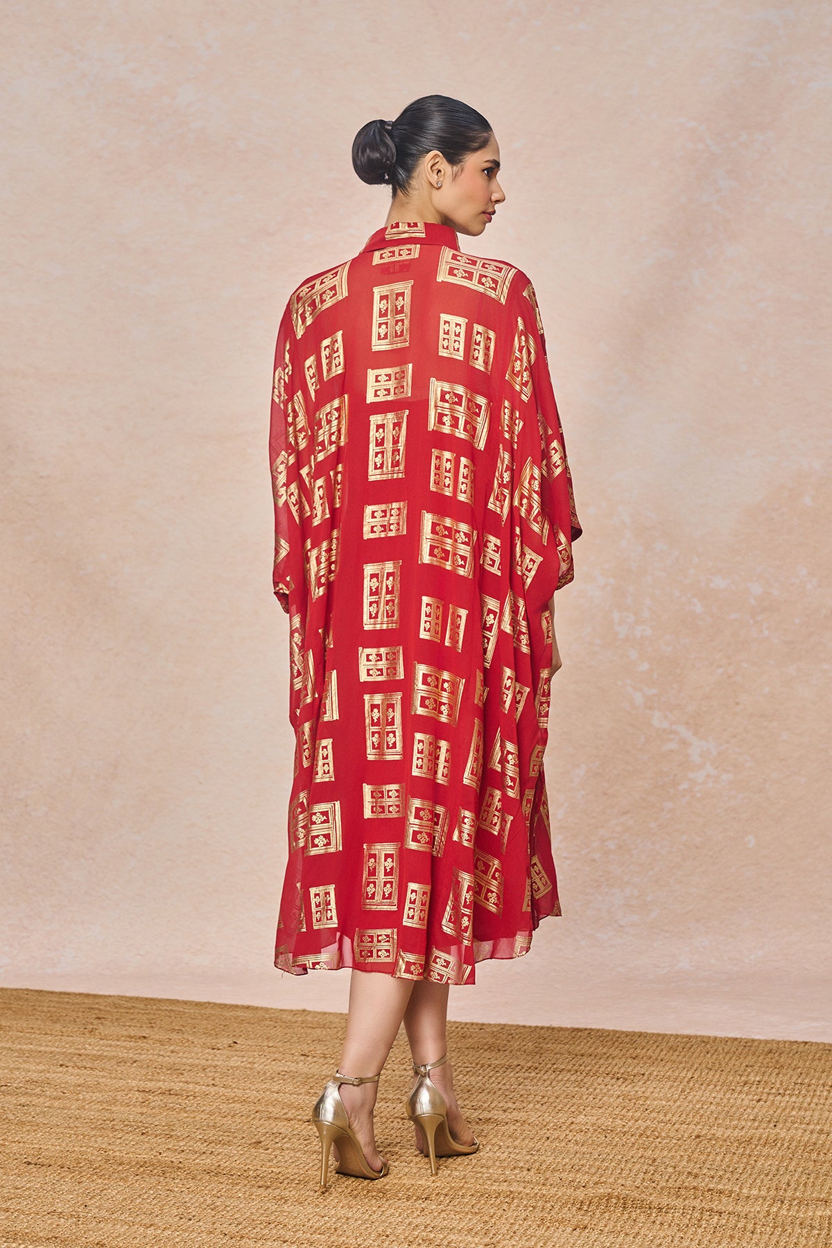 Red Open Doors Foil Collar Kaftan