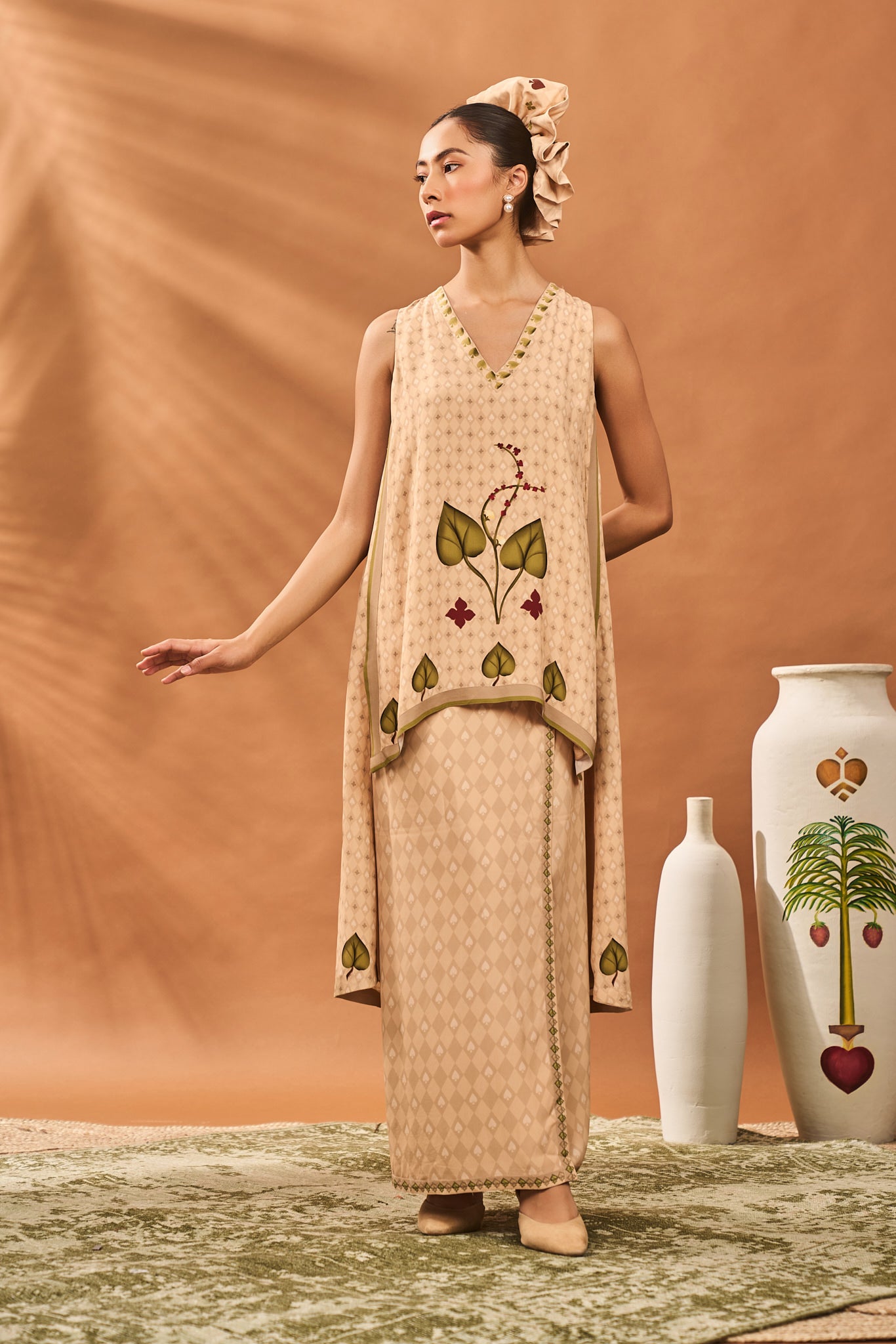 Beige Clover Checks Fusion Set