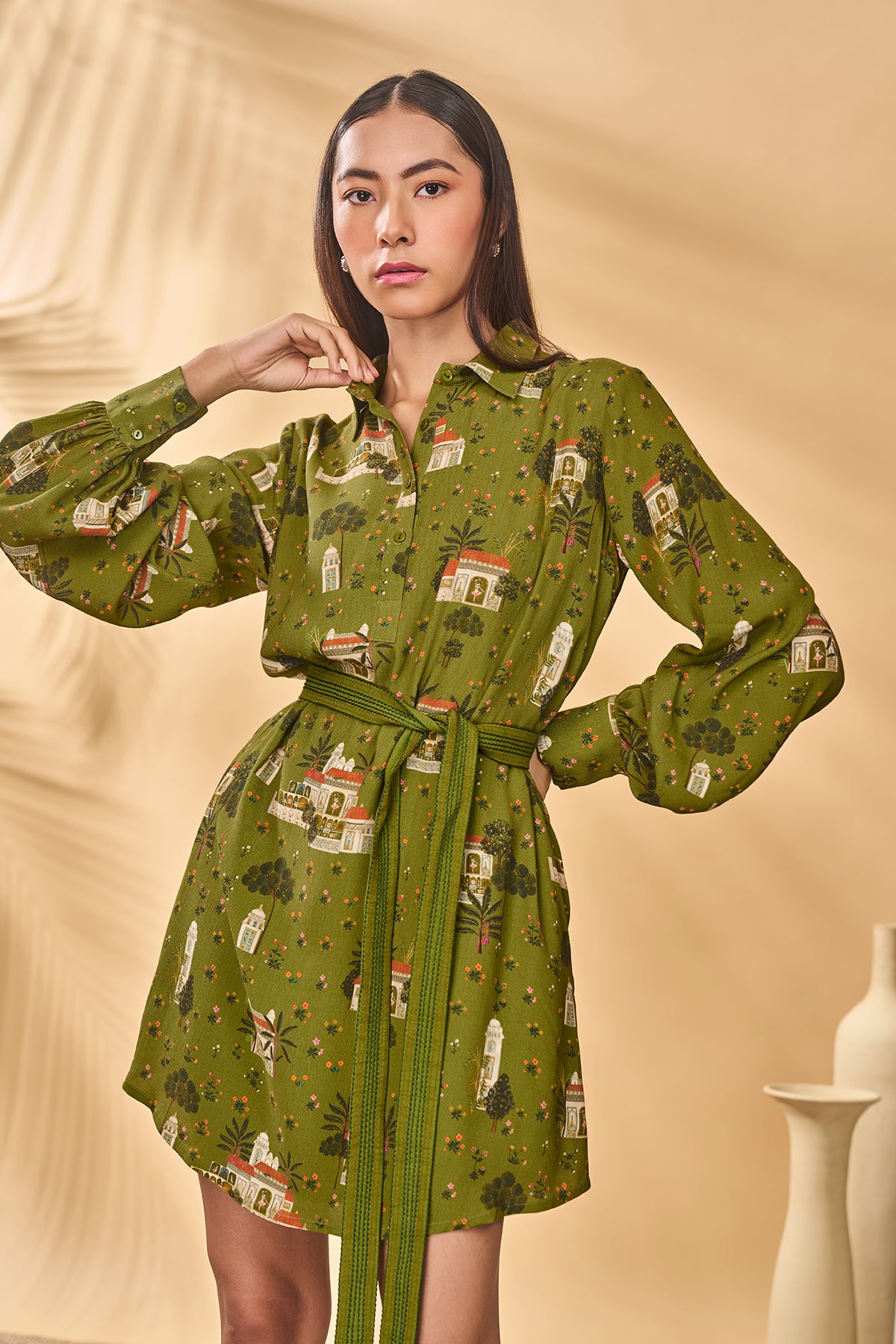 Olive Miniature Dreams Shirt Dress