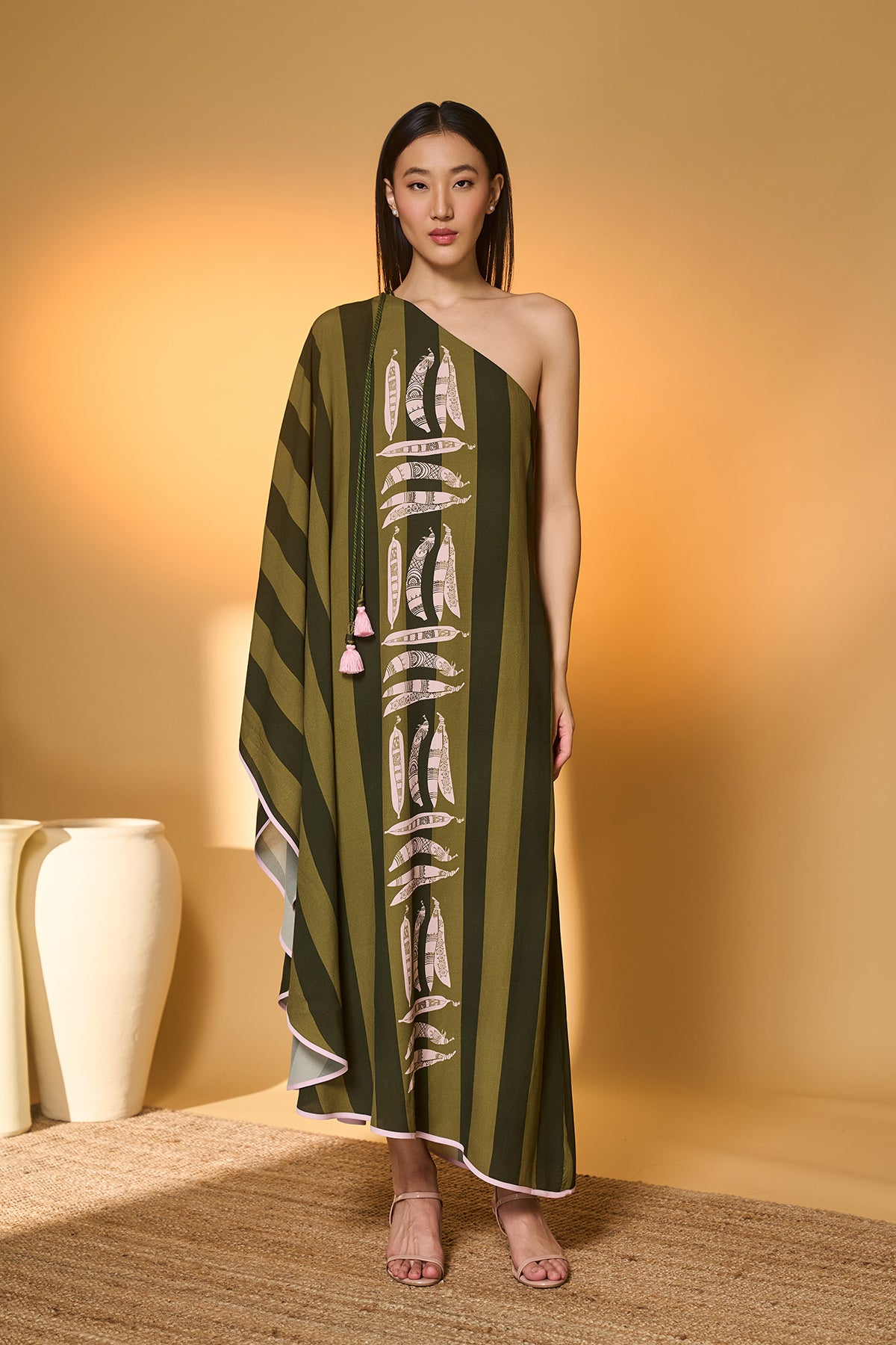 Green Totem Pod One Shoulder Kaftan
