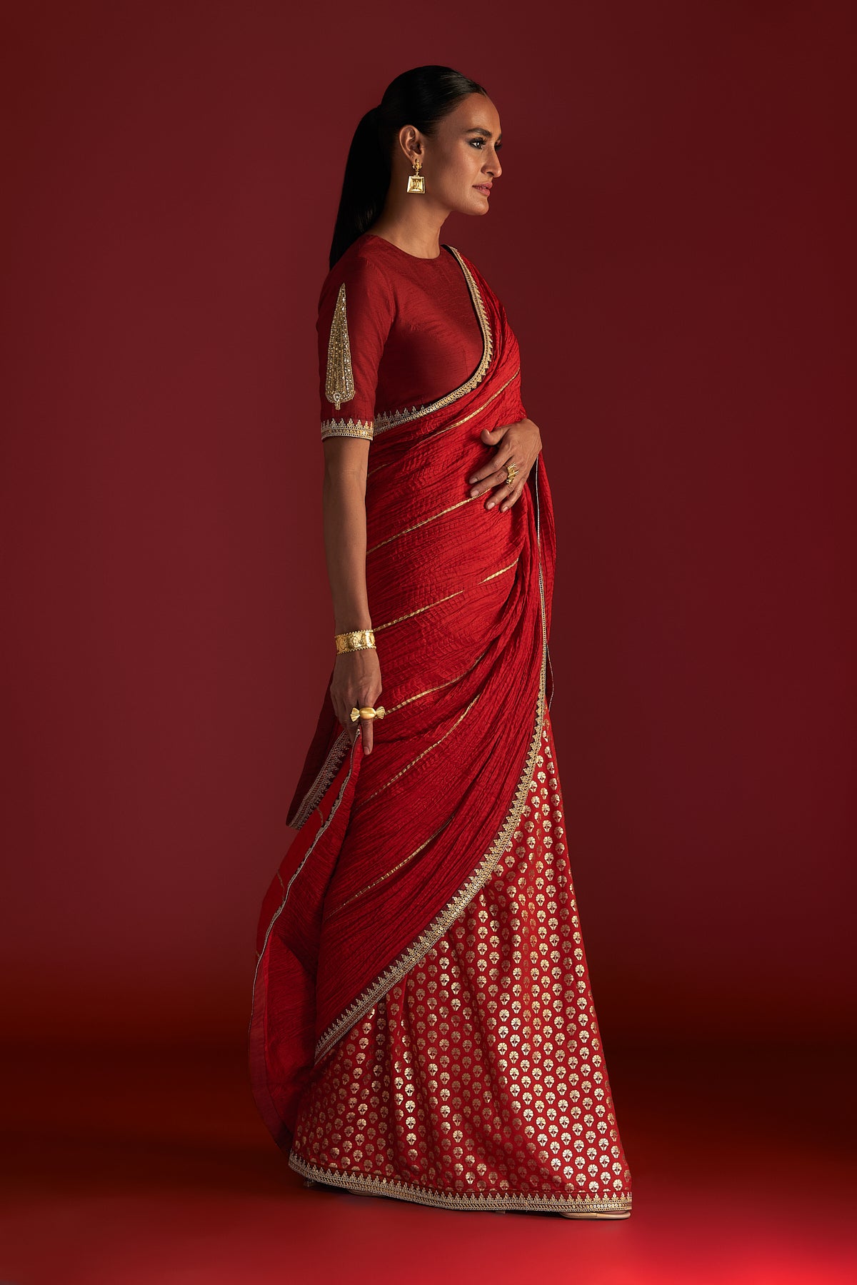 Buy Celeb Styles Printed Bollywood Georgette Satin Red Sarees Online   Best Price In India  Flipkartcom