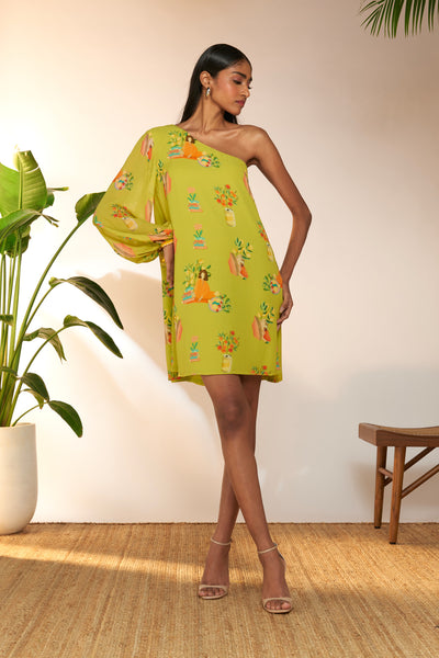 Lime Tangy Tango One Shoulder Dress