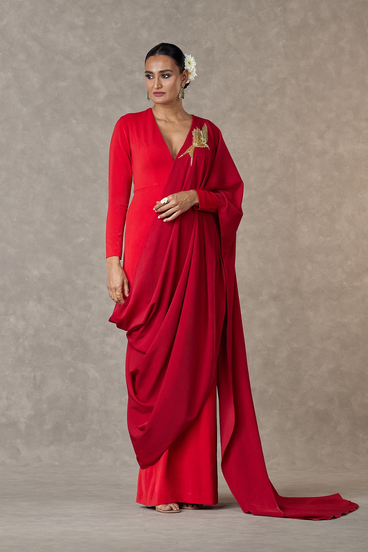 Buy Red Satin Georgette Embroidered Bead And Pleated Draped Saree Gown For  Women by Astha Batra Online at Aza Fashions.