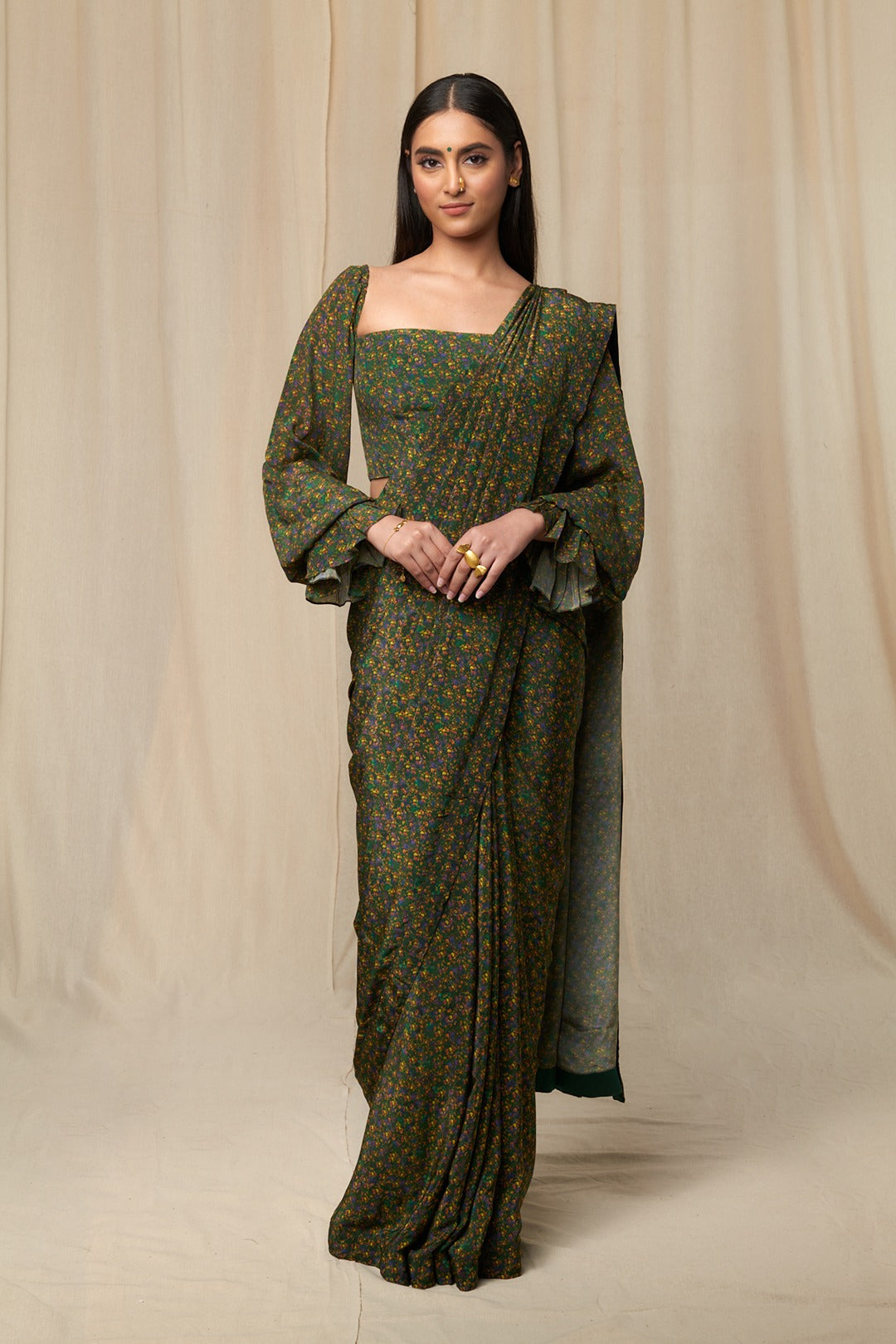 Emerald Floral Rush Sari & Blouse Piece