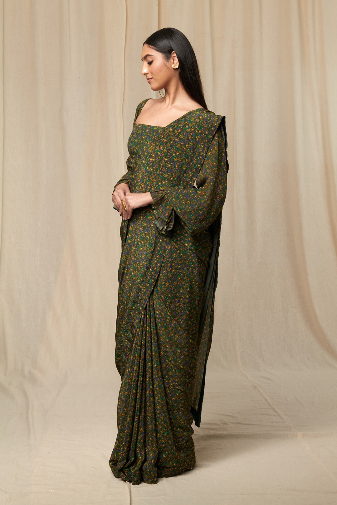 Emerald Floral Rush Sari & Blouse Piece