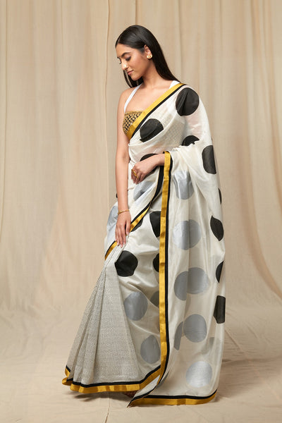 Monochrome Polka Saree With Embroidered Blouse Piece