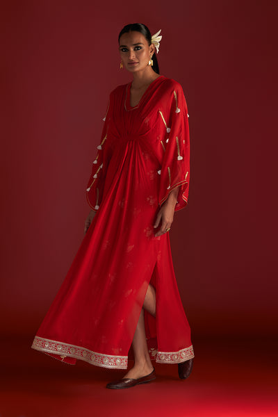 Red Gota Embroidered Kaftan With Slip