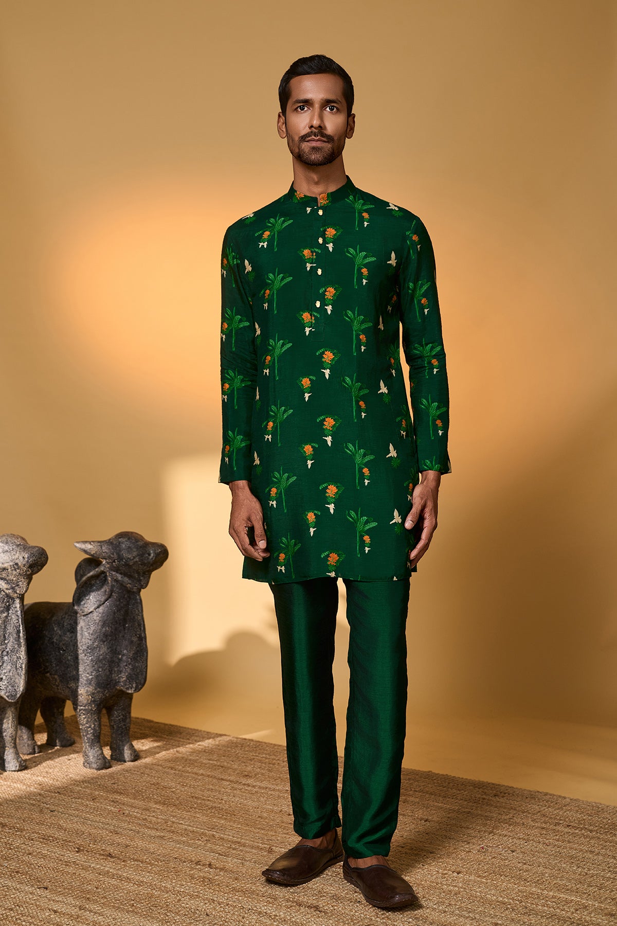 Bottle Green Tropical Kurta Set