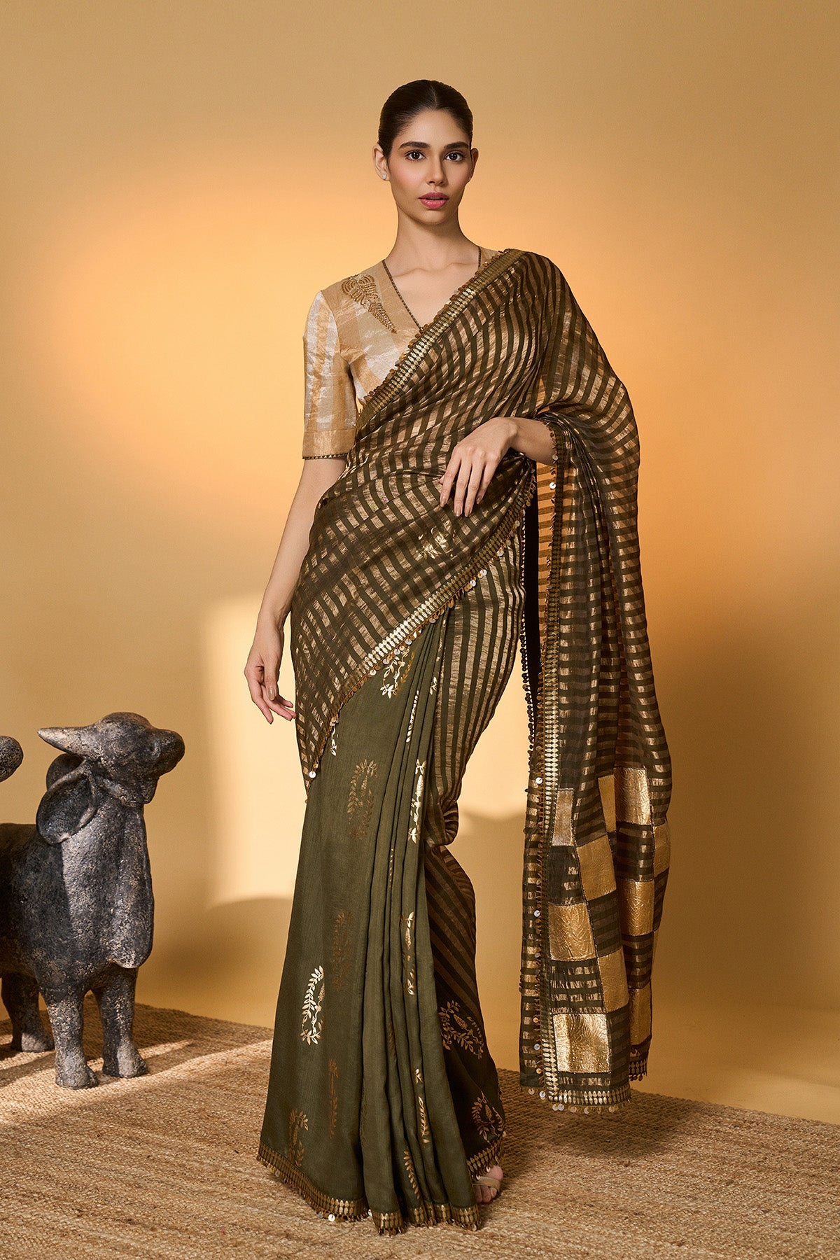Olive Corncrest Gota Saree