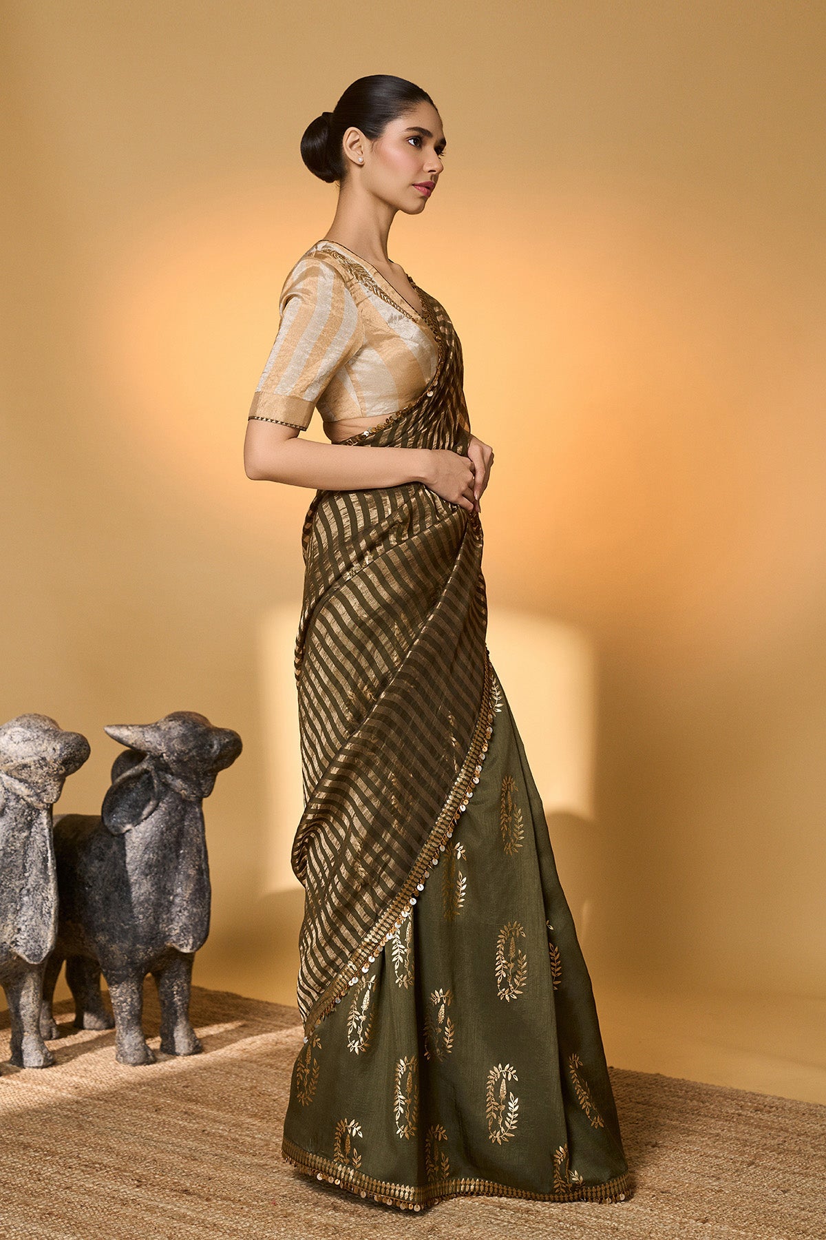 Olive Corncrest Gota Saree