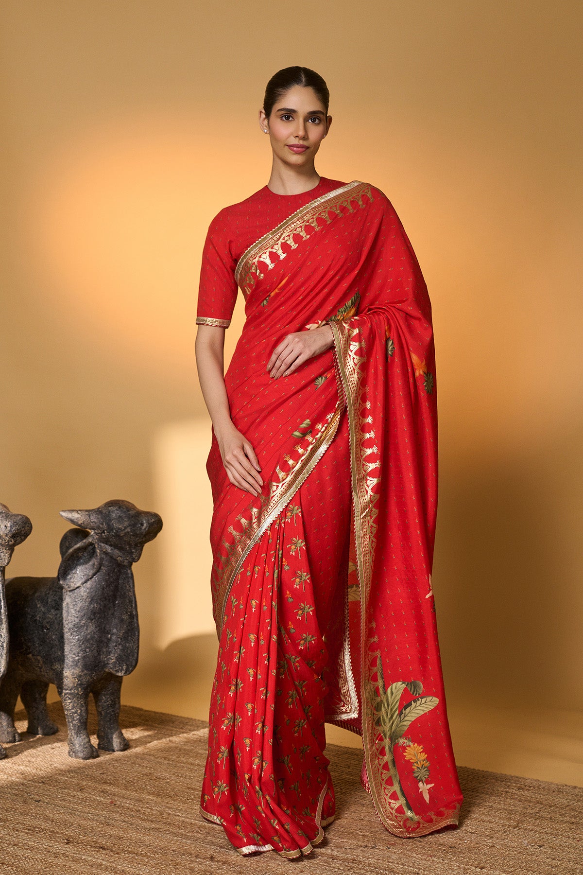 Red Tropical Amber Arches Saree