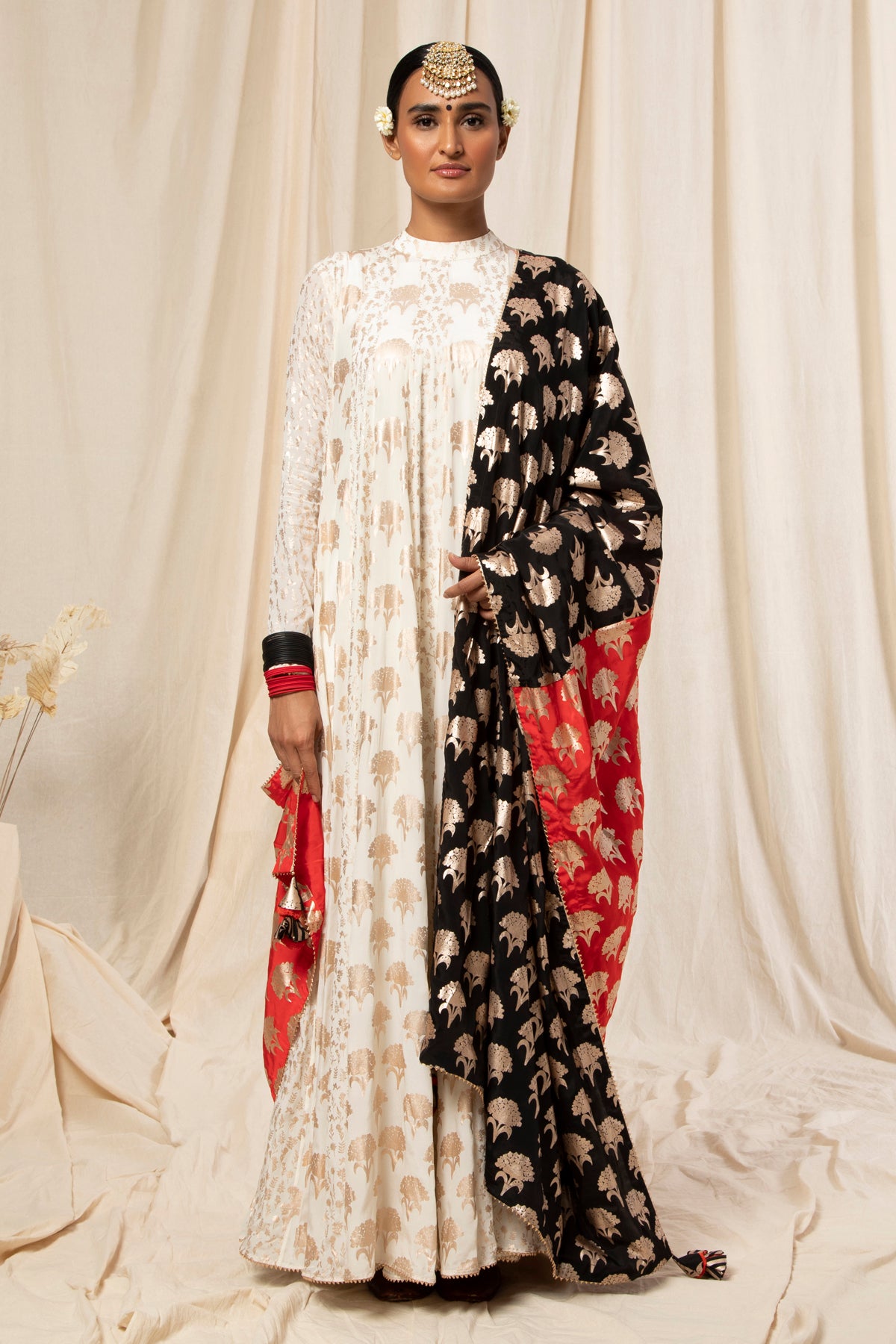 Red & Black Rose Gold Floral Spring Half & Half Dupatta
