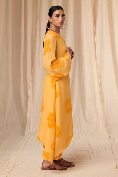 Pollen Yellow Rosy One Shoulder Kaftan Dress