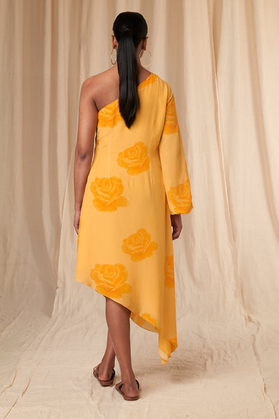 Pollen Yellow Rosy One Shoulder Kaftan Dress
