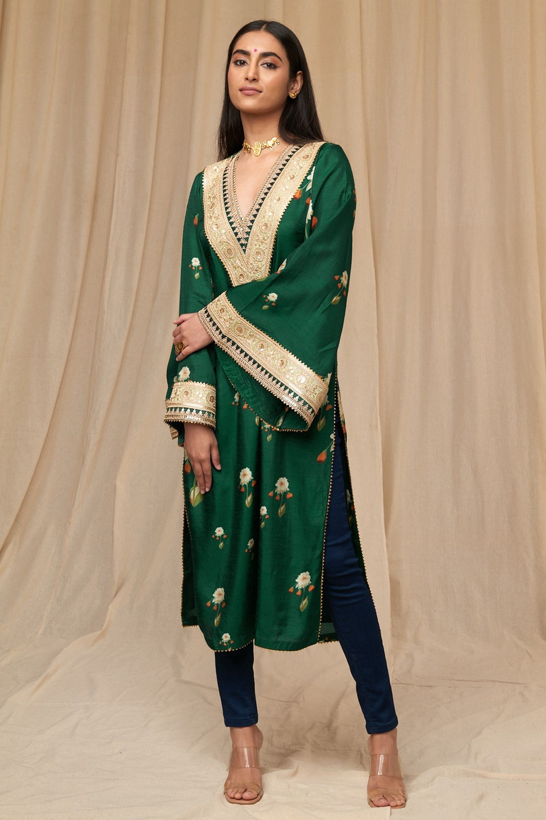 Women Bottle-Green Silk-Blend Shirt style Kurta with Palazzo main image 0