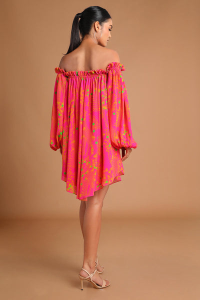 Pink Giraffe Pop Off Shoulder Dress