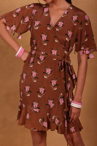 Brown Canary Blossom Short Wrap Dress