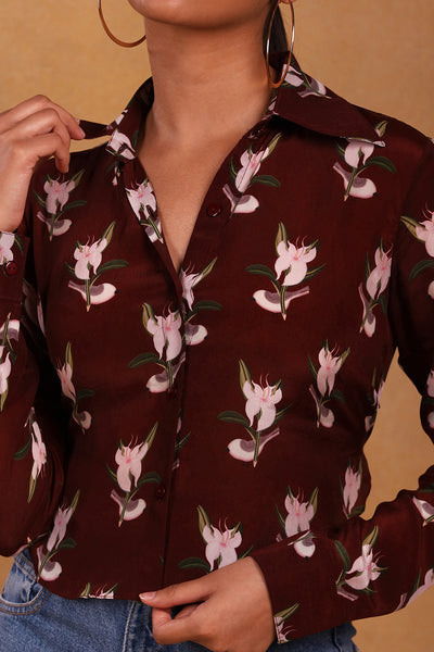 Maroon Canary Blossom Crop Shirt
